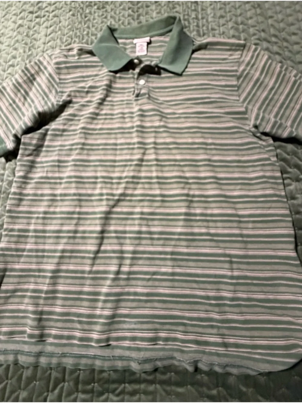 L.L. Bean striped polo shirt short-sleeved green, white, tan‎ 100% cotton, large